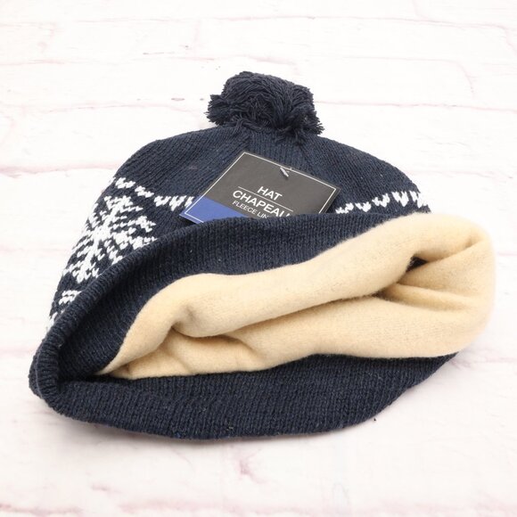 Chapeau Snowflake Winter Ski Beanie Hat Navy White Fleece Lined W/Top Pom - Picture 6 of 9